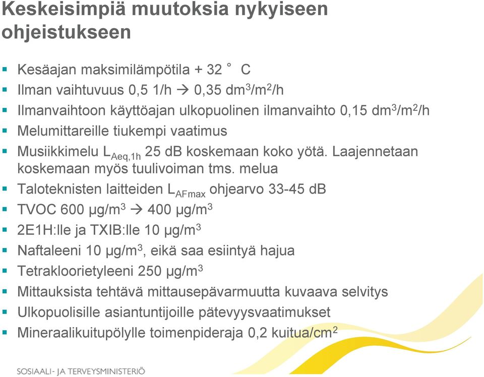 melua Taloteknisten laitteiden L AFmax ohjearvo 33-45 db TVOC 600 µg/m 3 400 µg/m 3 2E1H:lle ja TXIB:lle 10 µg/m 3 Naftaleeni 10 µg/m 3, eikä saa esiintyä hajua