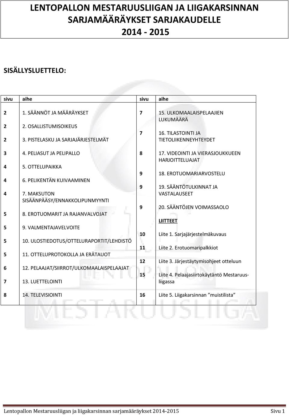 PELIKENTÄN KUIVAAMINEN 7. MAKSUTON SISÄÄNPÄÄSY/ENNAKKOLIPUNMYYNTI 8. EROTUOMARIT JA RAJANVALVOJAT 9. VALMENTAJAVELVOITE 10. ULOSTIEDOTUS/OTTELURAPORTIT/LEHDISTÖ 11. OTTELUPROTOKOLLA JA ERÄTAUOT 12.