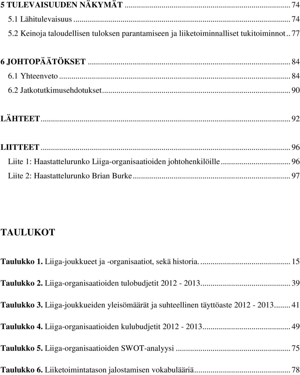 .. 97 TAULUKOT Taulukko 1. Liiga-joukkueet ja -organisaatiot, sekä historia.... 15 Taulukko 2. Liiga-organisaatioiden tulobudjetit 2012-2013... 39 Taulukko 3.