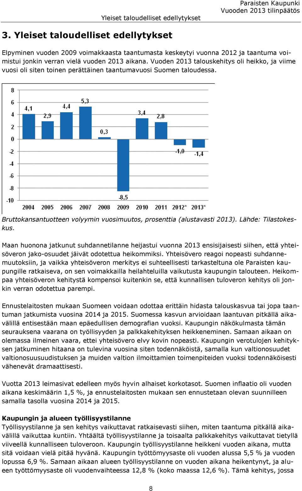 Vuoden 2013 talouskehitys oli heikko, ja viime vuosi oli siten toinen perättäinen taantumavuosi Suomen taloudessa. Bruttokansantuotteen volyymin vuosimuutos, prosenttia (alustavasti 2013).