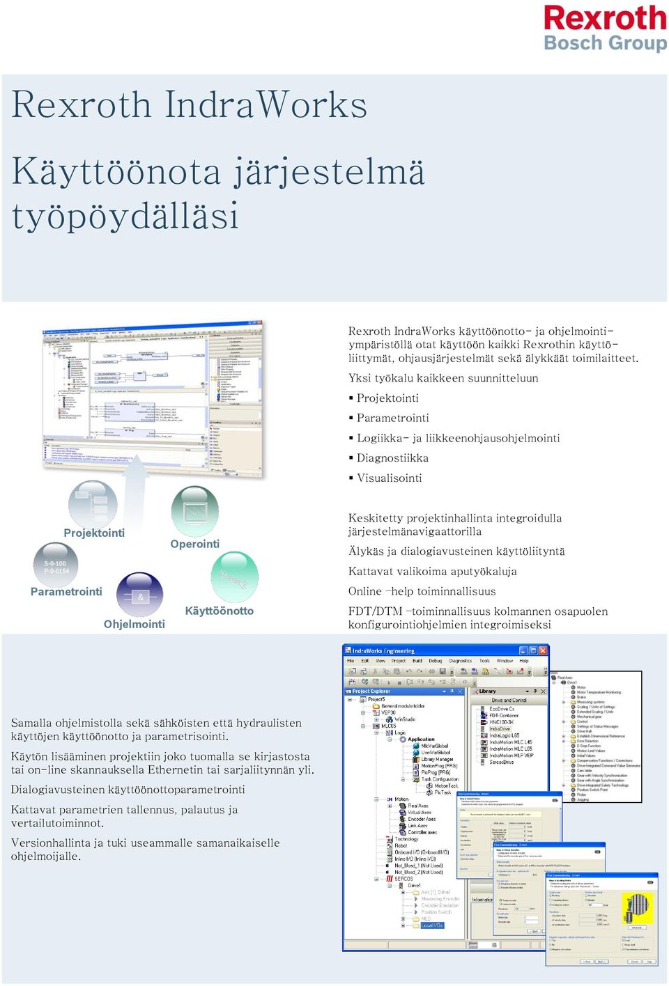 Yksi työkalu kaikkeen suunnitteluun Projektointi Parametrointi Logiikka- ja liikkeenohjausohjelmointi Diagnostiikka Visualisointi Projektointi Parametrointi Ohjelmointi Operointi Käyttöönotto