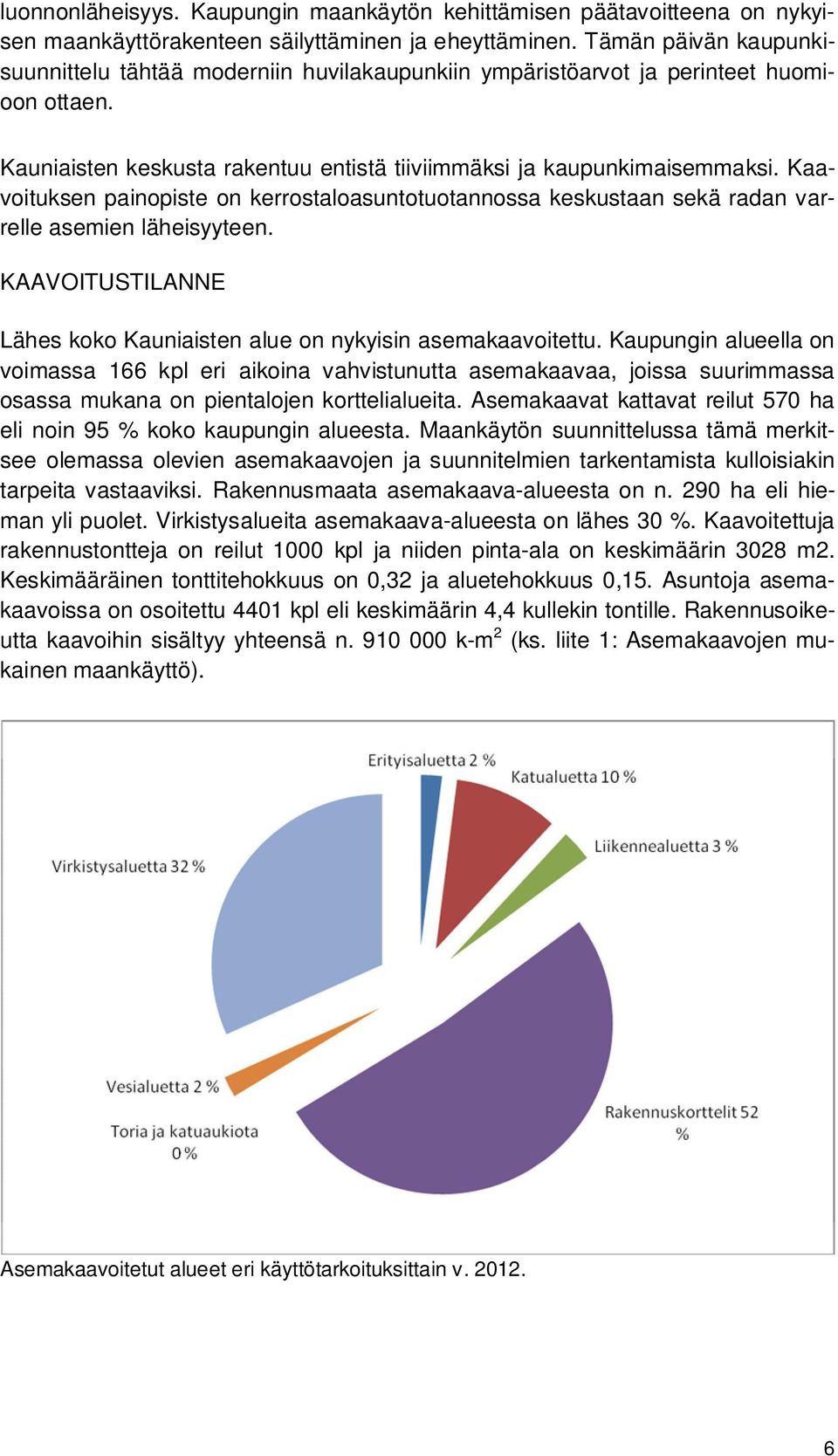 Kaavoituksen painopiste on kerrostaloasuntotuotannossa keskustaan sekä radan varrelle asemien läheisyyteen. KAAVOITUSTILANNE Lähes koko Kauniaisten alue on nykyisin asemakaavoitettu.