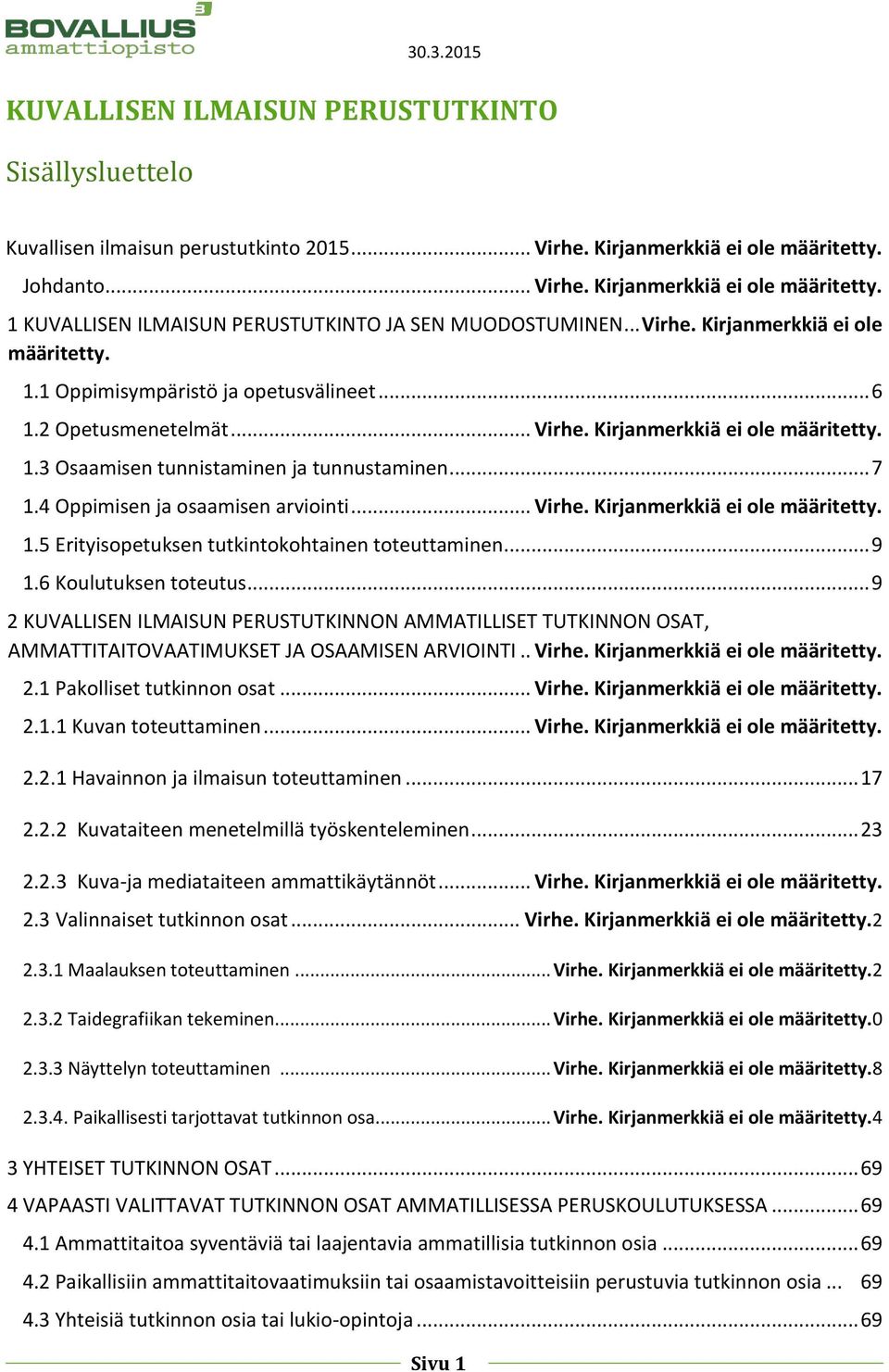 .. 7 1.4 Oppimisen ja osaamisen arviointi... Virhe. Kirjanmerkkiä ei ole määritetty. 1.5 Erityisopetuksen tutkintokohtainen toteuttaminen... 9 1.6 Koulutuksen toteutus.