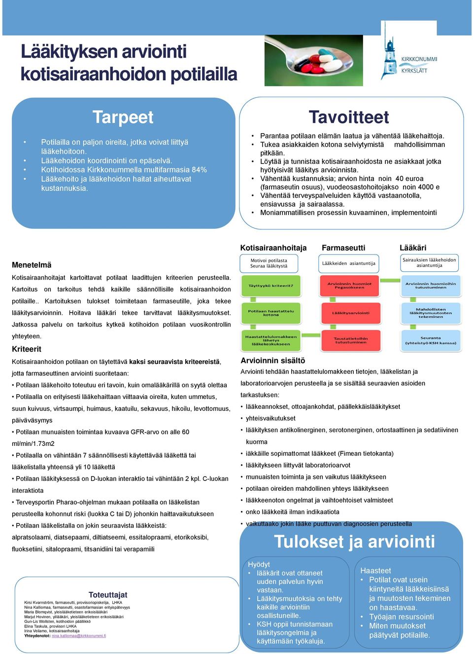 Tukea asiakkaiden kotona selviytymistä mahdollisimman pitkään. Löytää ja tunnistaa kotisairaanhoidosta ne asiakkaat jotka hyötyisivät lääkitys arvioinnista.