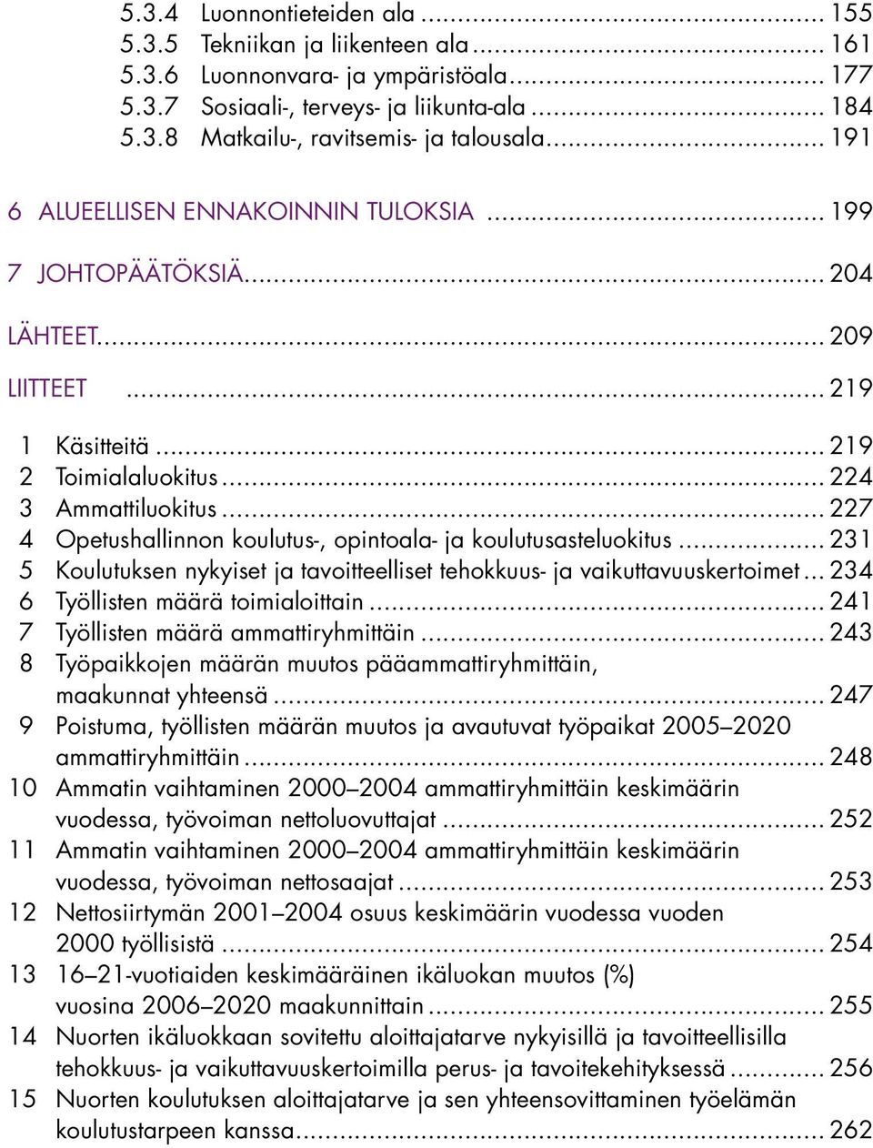 .. 227 4 Opetushallinnon koulutus-, opintoala- ja koulutusasteluokitus... 231 5 Koulutuksen nykyiset ja tavoitteelliset tehokkuus- ja vaikuttavuuskertoimet... 234 6 Työllisten määrä toimialoittain.