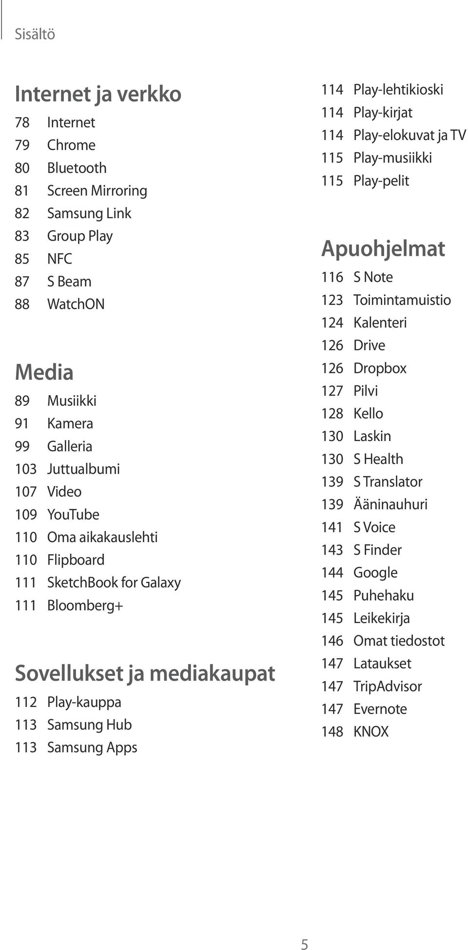 114 Play-lehtikioski 114 Play-kirjat 114 Play-elokuvat ja TV 115 Play-musiikki 115 Play-pelit Apuohjelmat 116 S Note 123 Toimintamuistio 124 Kalenteri 126 Drive 126 Dropbox 127 Pilvi 128