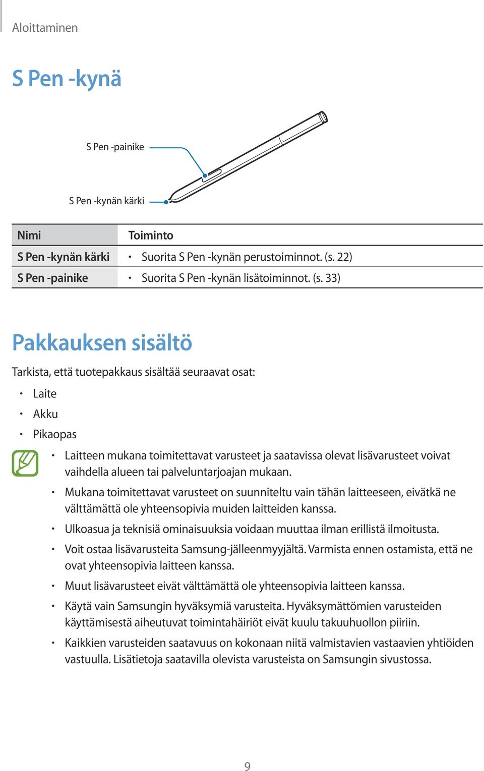 33) Pakkauksen sisältö Tarkista, että tuotepakkaus sisältää seuraavat osat: Laite Akku Pikaopas Laitteen mukana toimitettavat varusteet ja saatavissa olevat lisävarusteet voivat vaihdella alueen tai