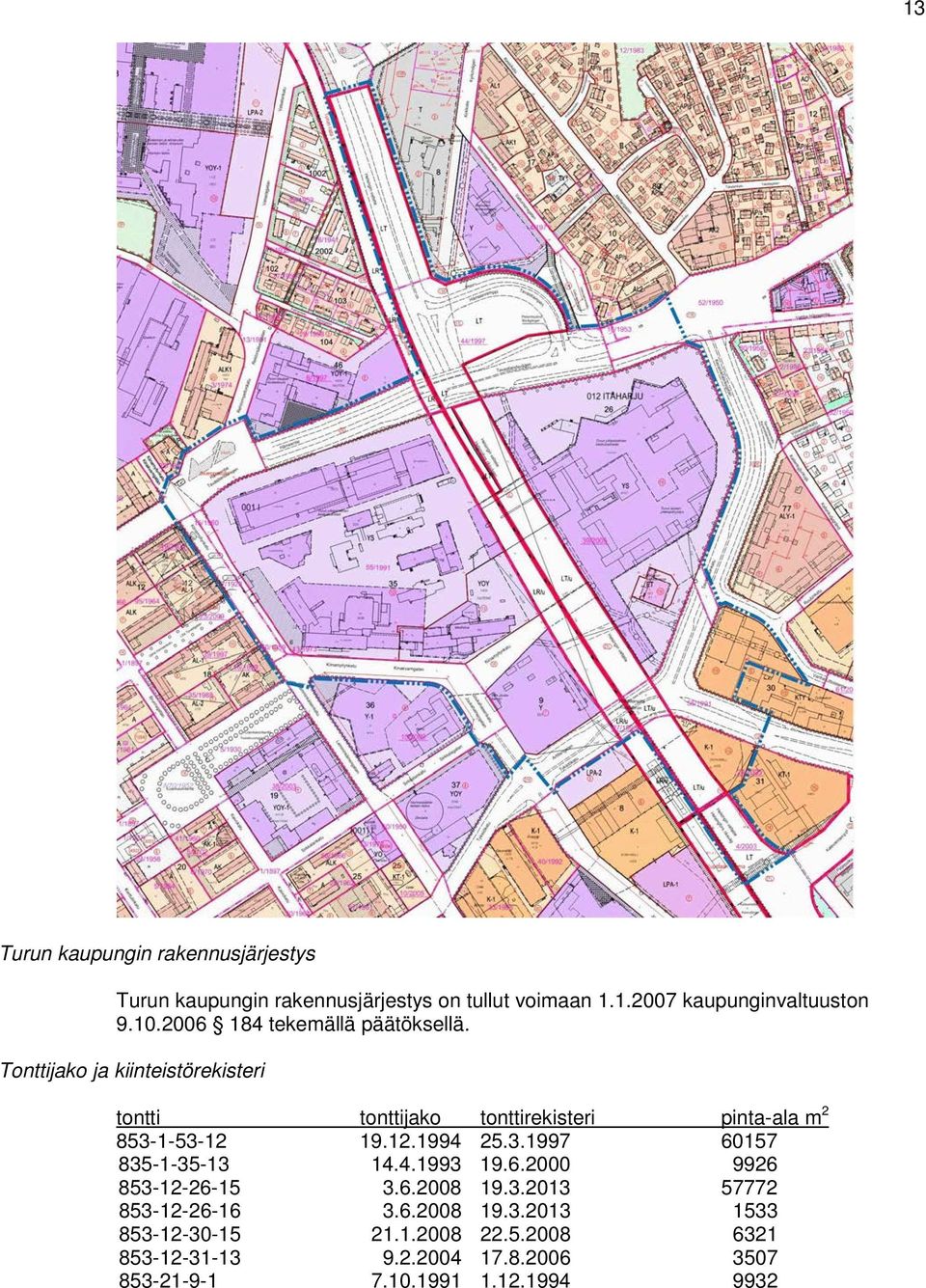 Tonttijako ja kiinteistörekisteri tontti tonttijako tonttirekisteri pinta-ala m 2 853-1-53-12 19.12.1994 25.3.1997 60157 835-1-35-13 14.