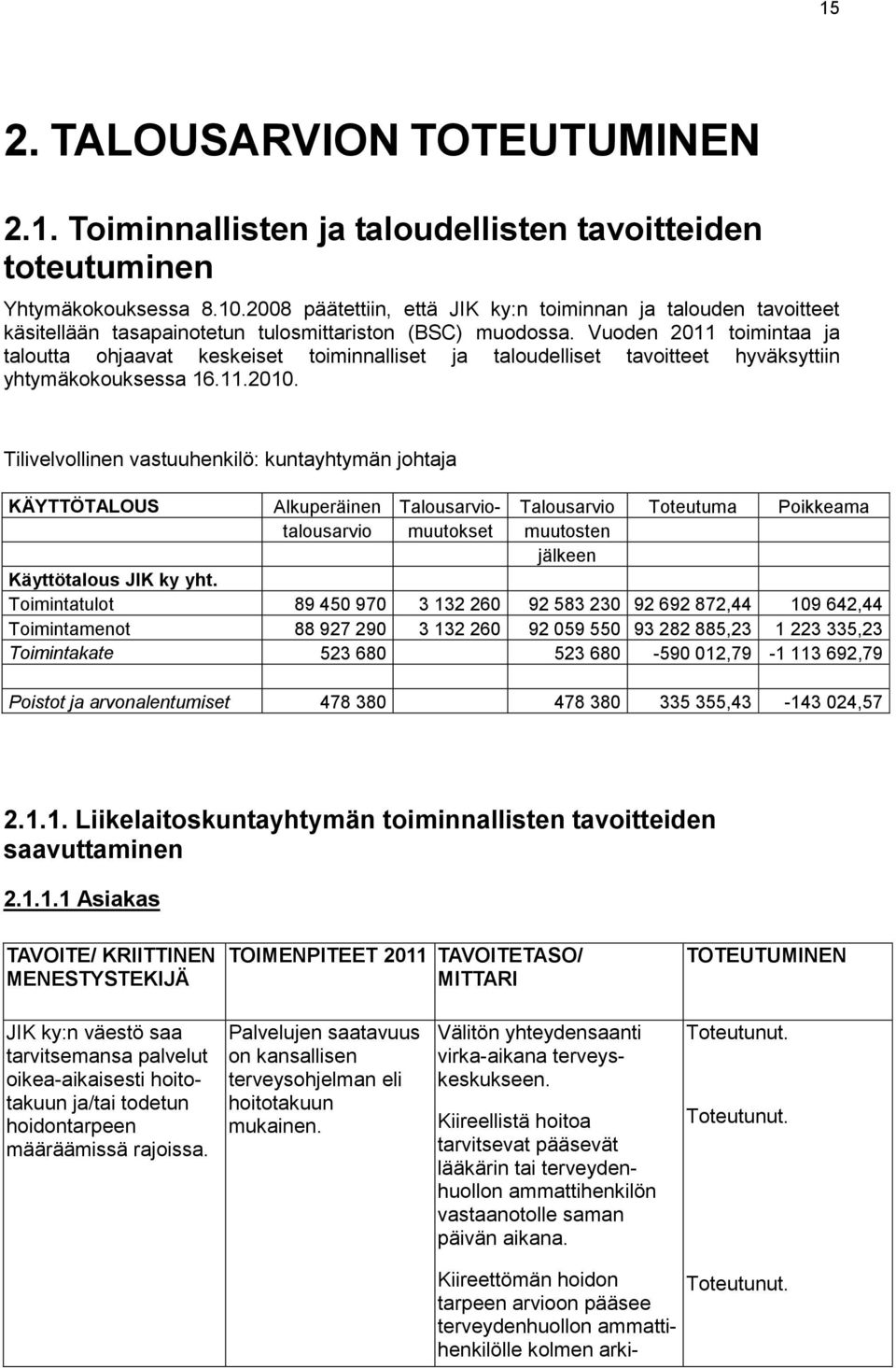 Vuoden 2011 toimintaa ja taloutta ohjaavat keskeiset toiminnalliset ja taloudelliset tavoitteet hyväksyttiin yhtymäkokouksessa 16.11.2010.