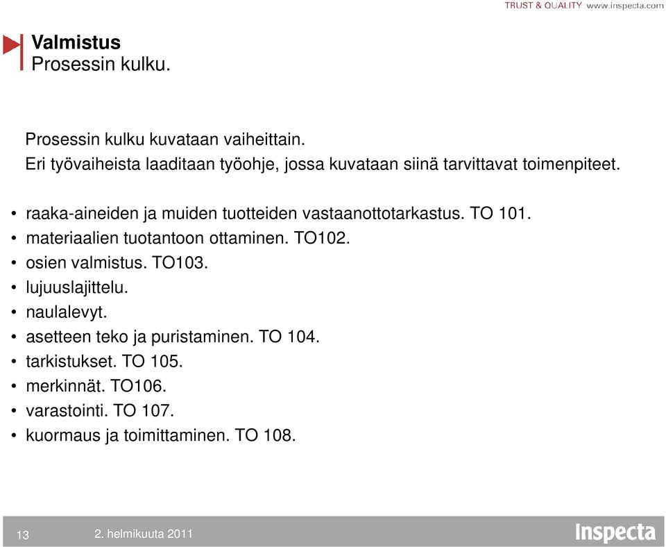 raaka-aineiden ja muiden tuotteiden vastaanottotarkastus. TO 101. materiaalien tuotantoon ottaminen. TO102.