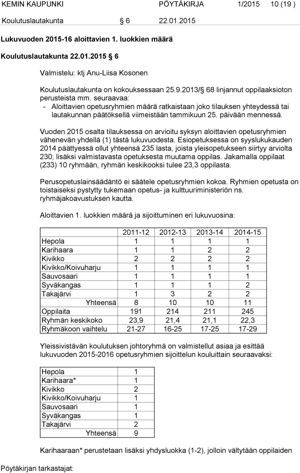 päivään mennessä. Vuoden 2015 osalta tilauksessa on arvioitu syksyn aloittavien opetusryhmien vähenevän yhdellä (1) tästä lukuvuodesta.