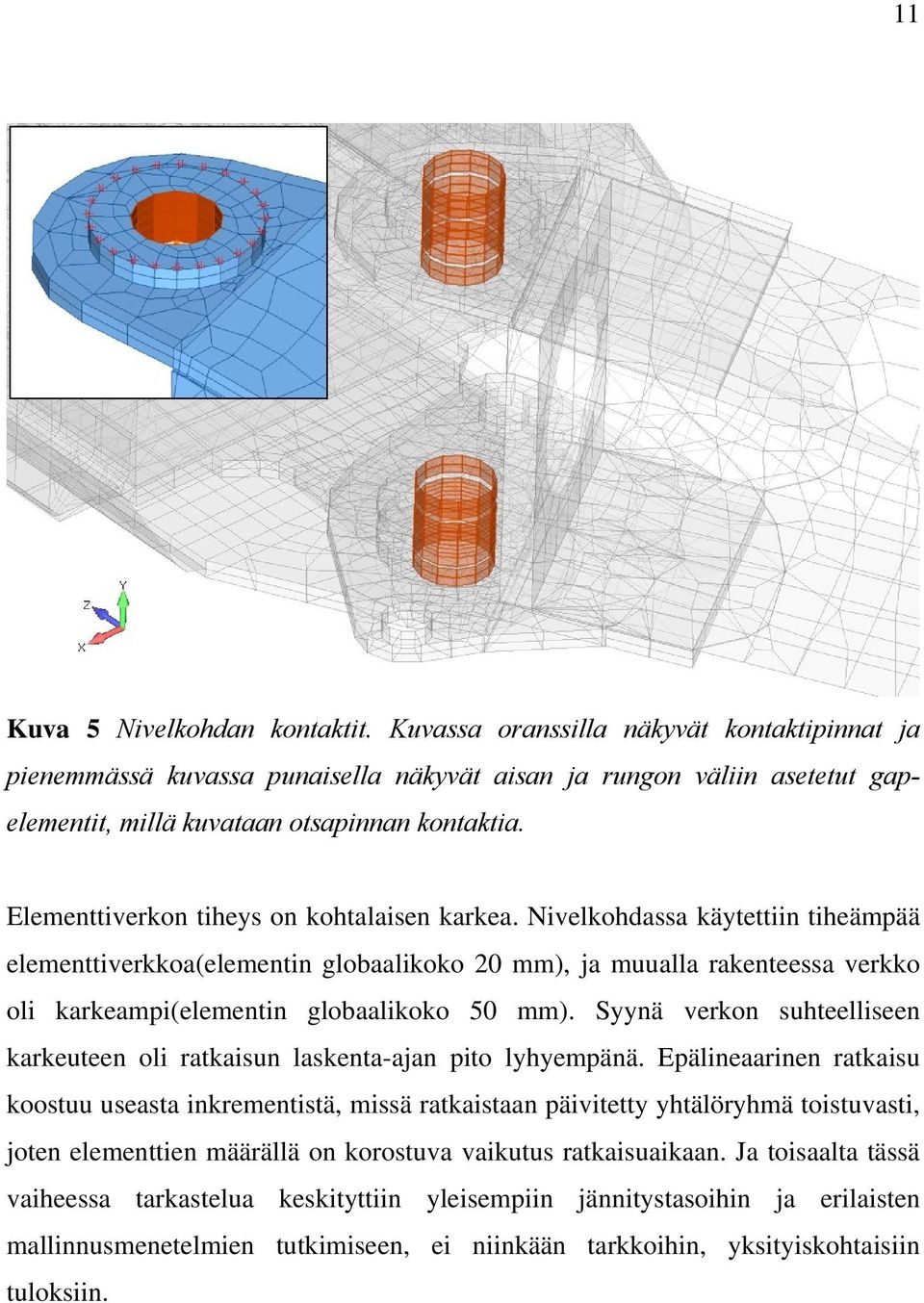 Nivelkohdassa käytettiin tiheämpää elementtiverkkoa(elementin globaalikoko 20 mm), ja muualla rakenteessa verkko oli karkeampi(elementin globaalikoko 50 mm).
