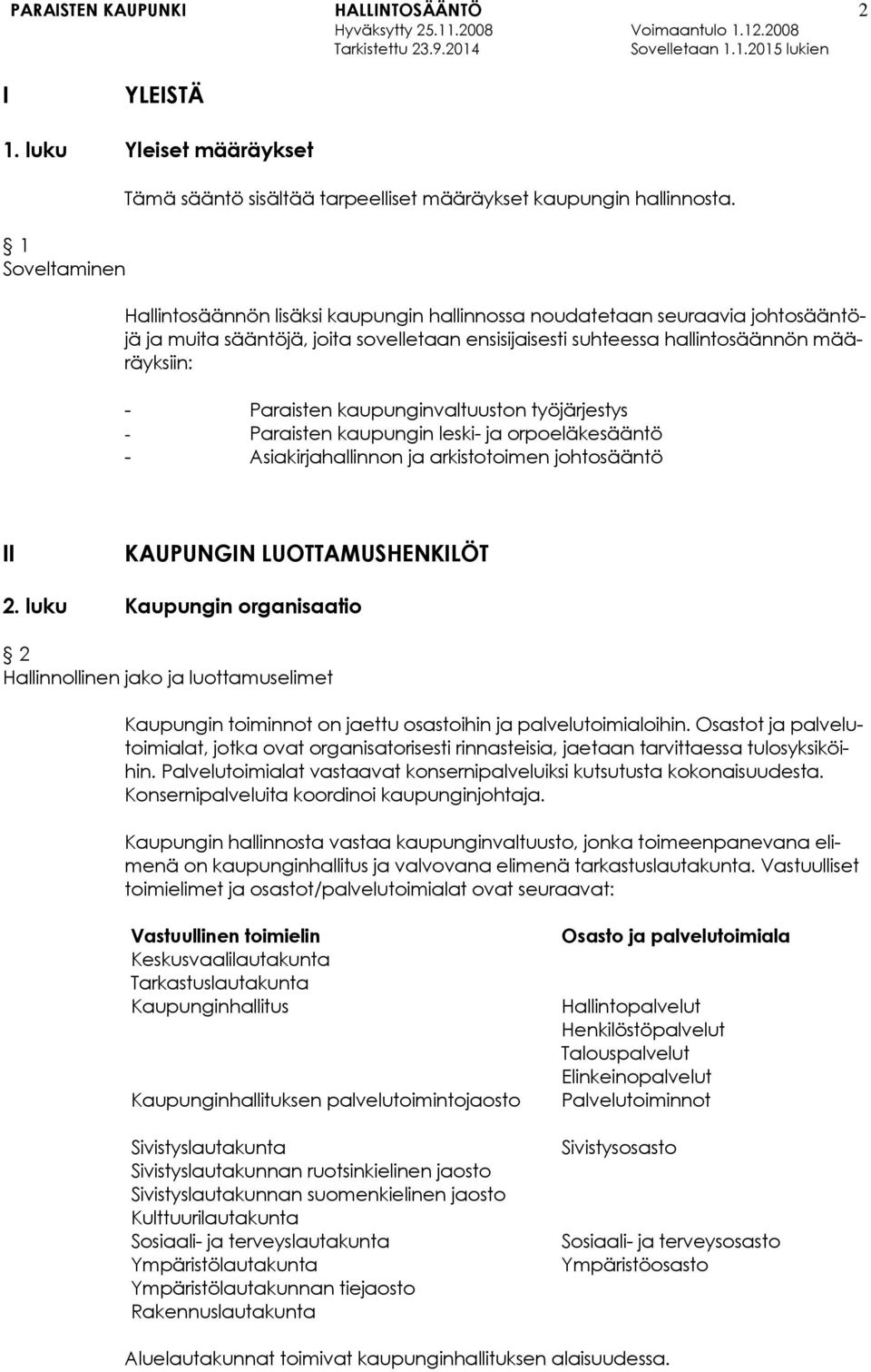 kaupunginvaltuuston työjärjestys - Paraisten kaupungin leski- ja orpoeläkesääntö - Asiakirjahallinnon ja arkistotoimen johtosääntö II KAUPUNGIN LUOTTAMUSHENKILÖT 2.