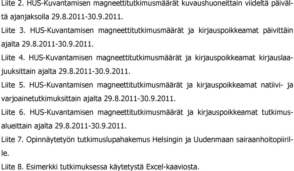 HUS-Kuvantamisen magneettitutkimusmäärät ja kirjauspoikkeamat kirjauslaajuuksittain ajalta 29.8.2011-30.9.2011. Liite 5.