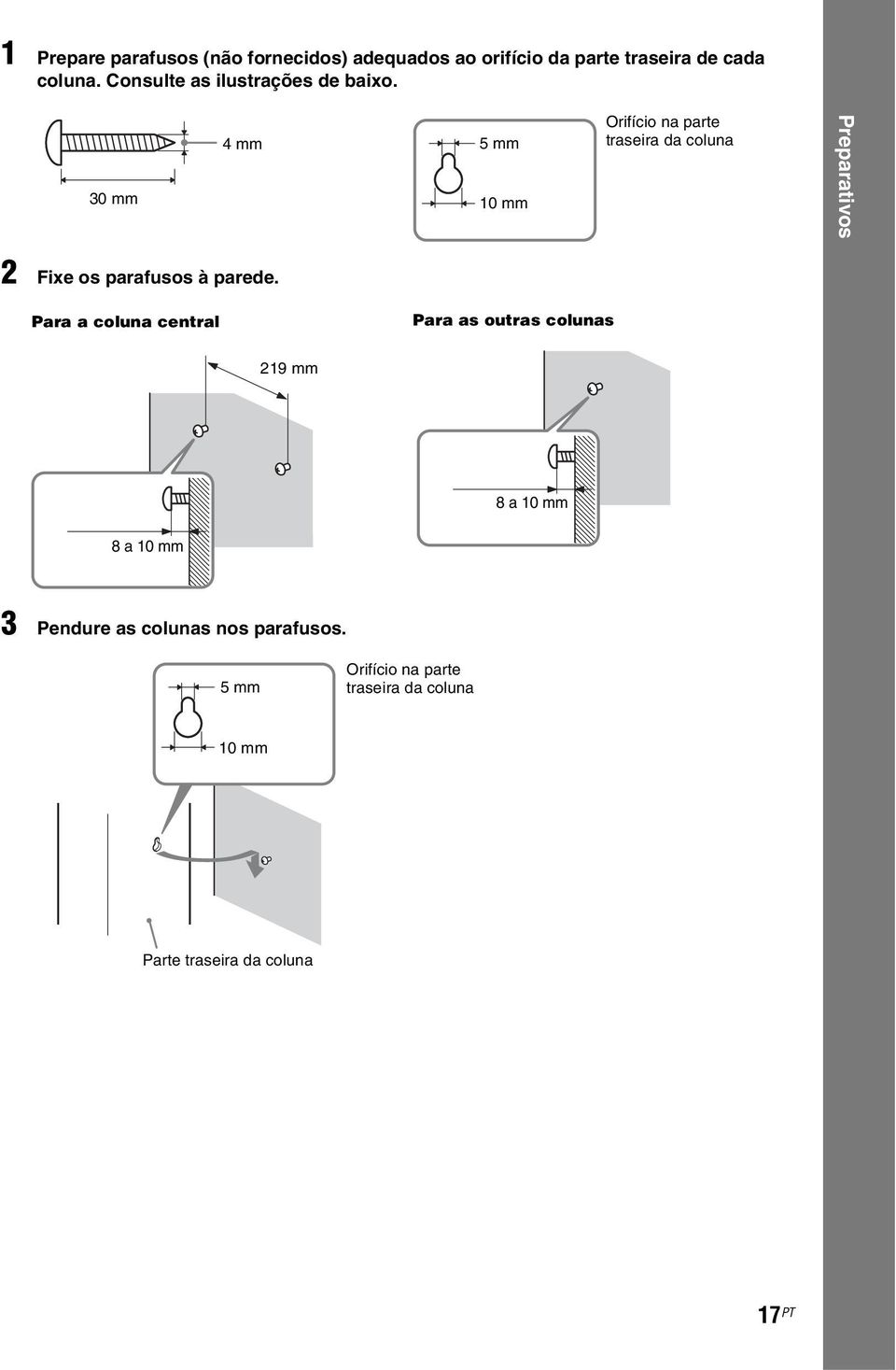 30 mm 4 mm 5 mm 10 mm Orifício na parte traseira da coluna Preparativos 2 Fixe os parafusos à parede.