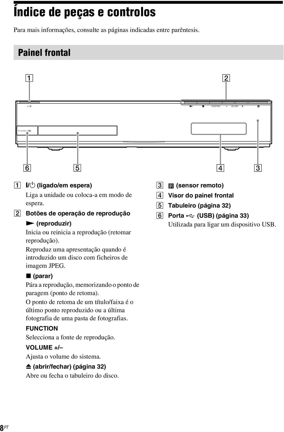 B Botões de operação de reprodução N (reproduzir) Inicia ou reinicia a reprodução (retomar reprodução). Reproduz uma apresentação quando é introduzido um disco com ficheiros de imagem JPEG.