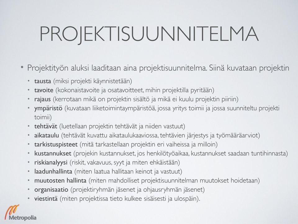 projektin piiriin) ympäristö (kuvataan liiketoimintaympäristöä, jossa yritys toimii ja jossa suunniteltu projekti toimii) tehtävät (luetellaan projektin tehtävät ja niiden vastuut) aikataulu