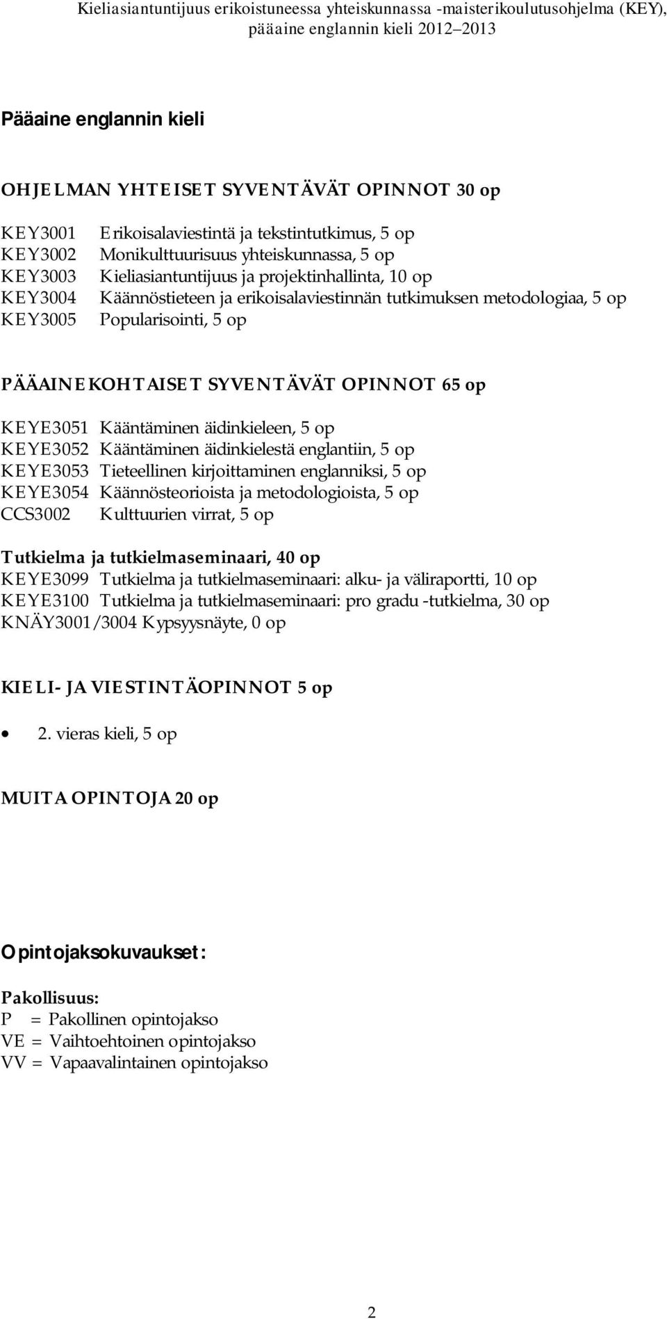 äidinkieleen, 5 op KEYE3052 Kääntäminen äidinkielestä englantiin, 5 op KEYE3053 Tieteellinen kirjoittaminen englanniksi, 5 op KEYE3054 Käännösteorioista ja metodologioista, 5 op CCS3002 Kulttuurien