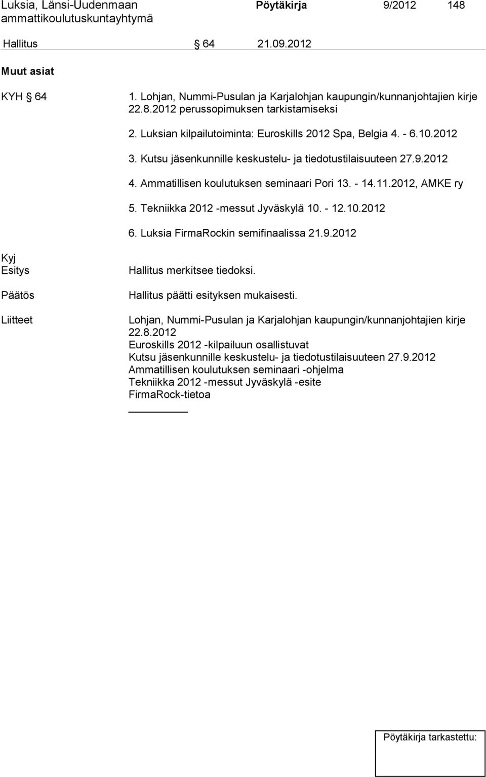 2012, AMKE ry 5. Tekniikka 2012 -messut Jyväskylä 10. - 12.10.2012 6. Luksia FirmaRockin semifinaalissa 21.9.2012 Kyj Esitys Päätös Liitteet Hallitus merkitsee tiedoksi.