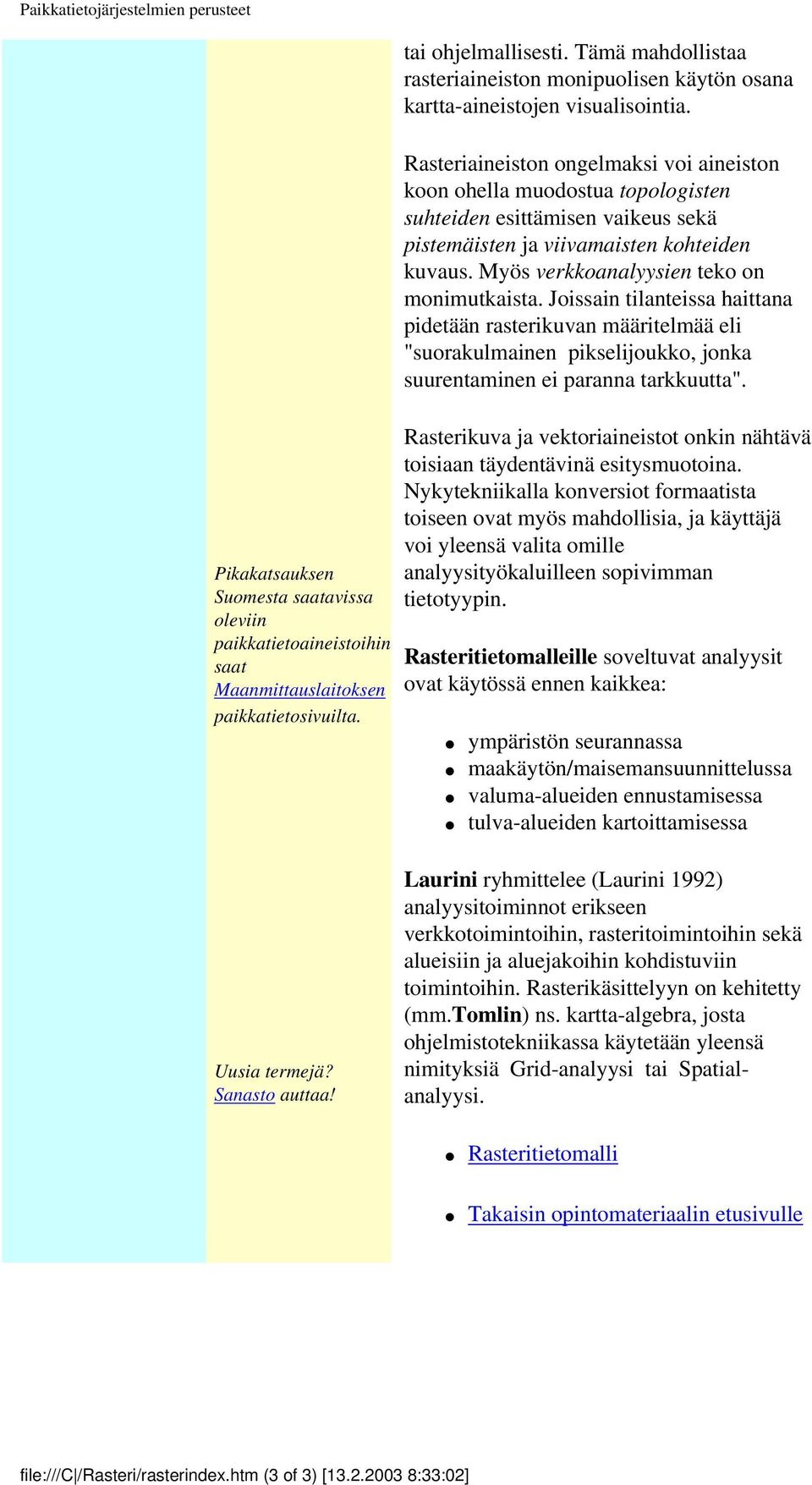 Rasteriaineiston ongelmaksi voi aineiston koon ohella muodostua topologisten suhteiden esittämisen vaikeus sekä pistemäisten ja viivamaisten kohteiden kuvaus.