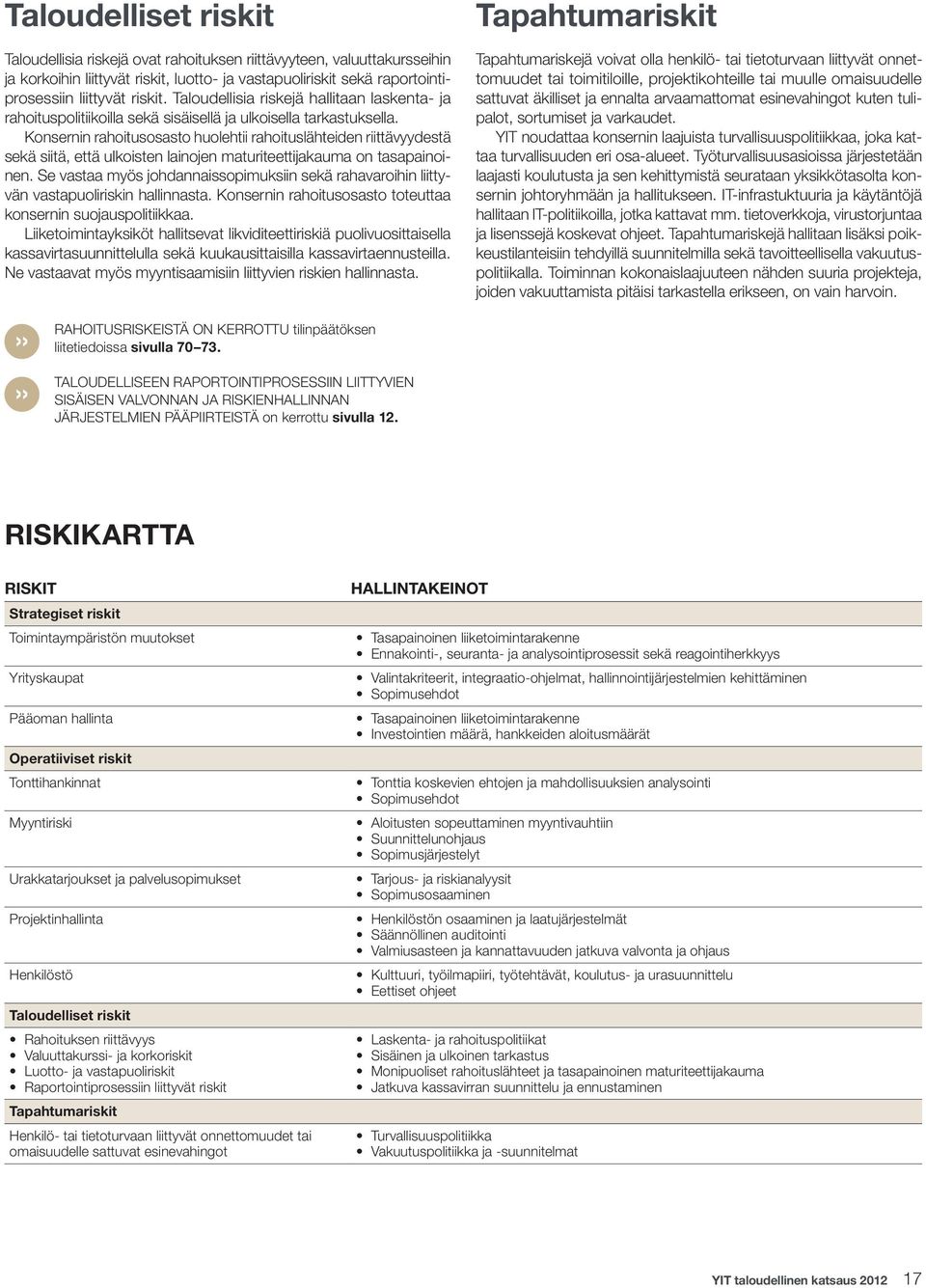 Konsernin rahoitusosasto huolehtii rahoituslähteiden riittävyydestä sekä siitä, että ulkoisten lainojen maturiteettijakauma on tasapainoinen.