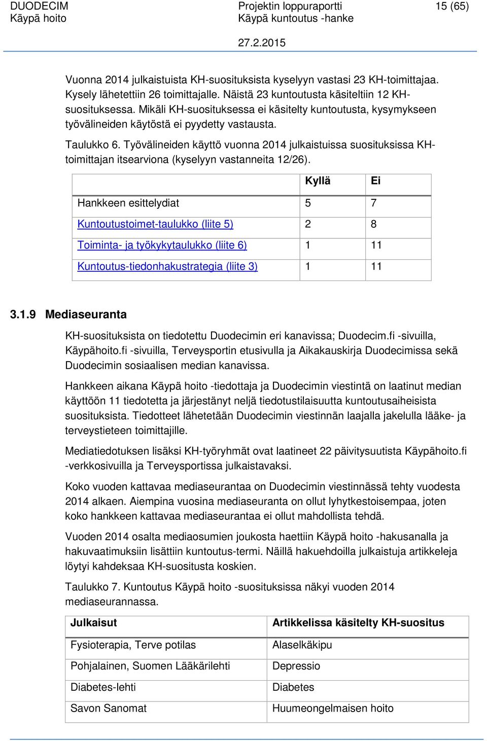 Työvälineiden käyttö vuonna 2014 julkaistuissa suosituksissa KHtoimittajan itsearviona (kyselyyn vastanneita 12/26).