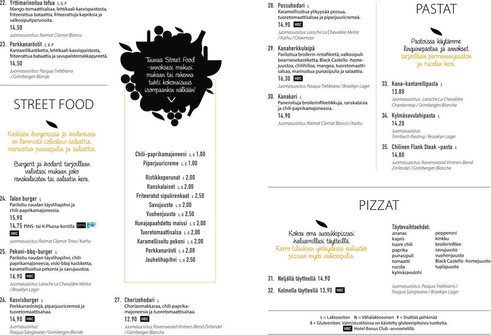 14,50 Pasqua Trebbiano / Grimbergen Blonde STREET FOOD Kaikissa burgereissa ja hodareissa on lämmintä coleslaw-salaattia, marinoitua punasipulia ja salaattia.