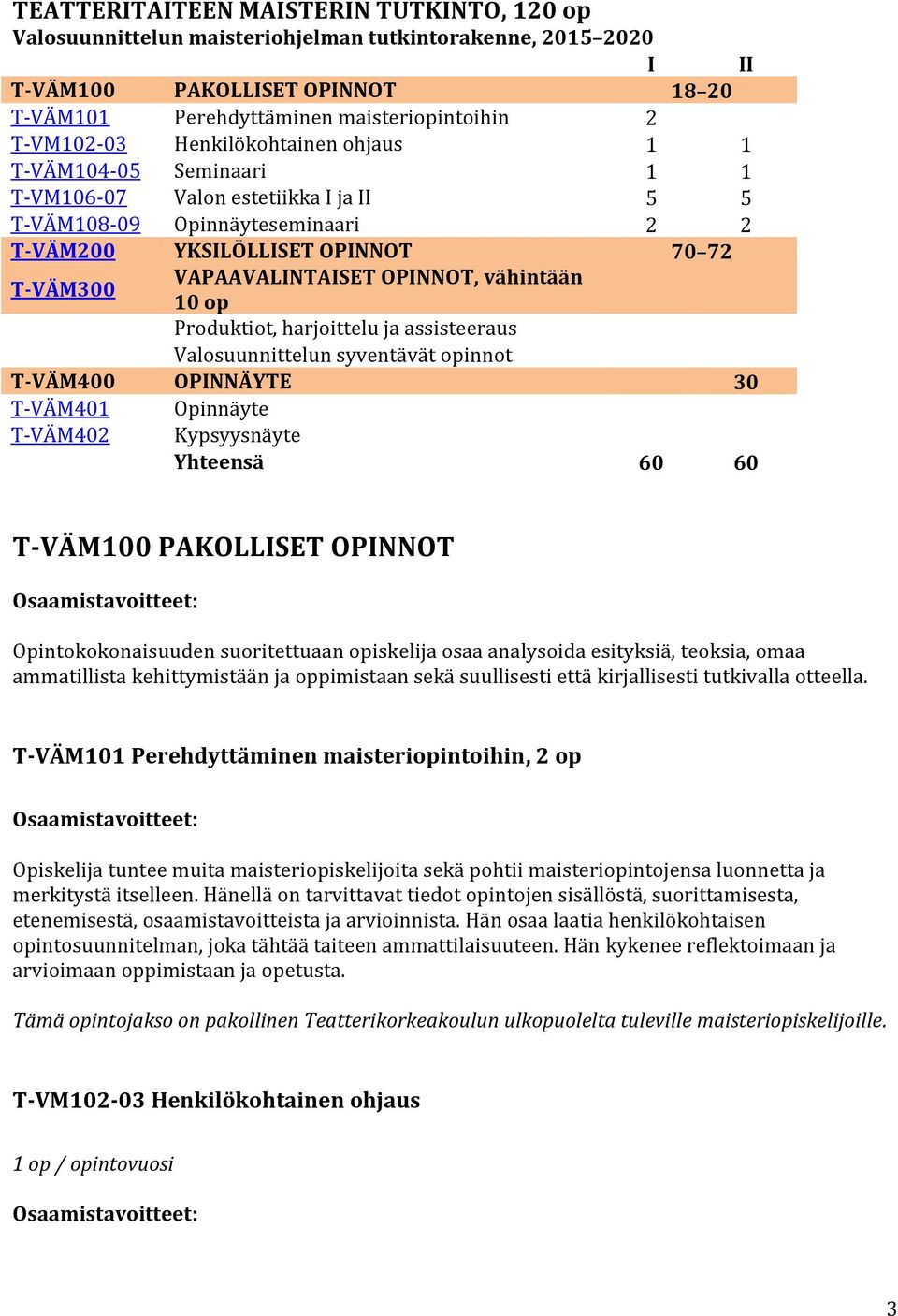 vähintään 10 op Produktiot, harjoittelu ja assisteeraus Valosuunnittelun syventävät opinnot T-VÄM400 OPINNÄYTE 30 T-VÄM401 T-VÄM402 Opinnäyte Kypsyysnäyte Yhteensä 60 60 T-VÄM100 PAKOLLISET OPINNOT