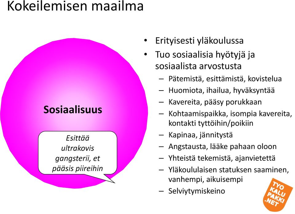 Kavereita, pääsy porukkaan Kohtaamispaikka, isompia kavereita, kontakti tyttöihin/poikiin Kapinaa, jännitystä