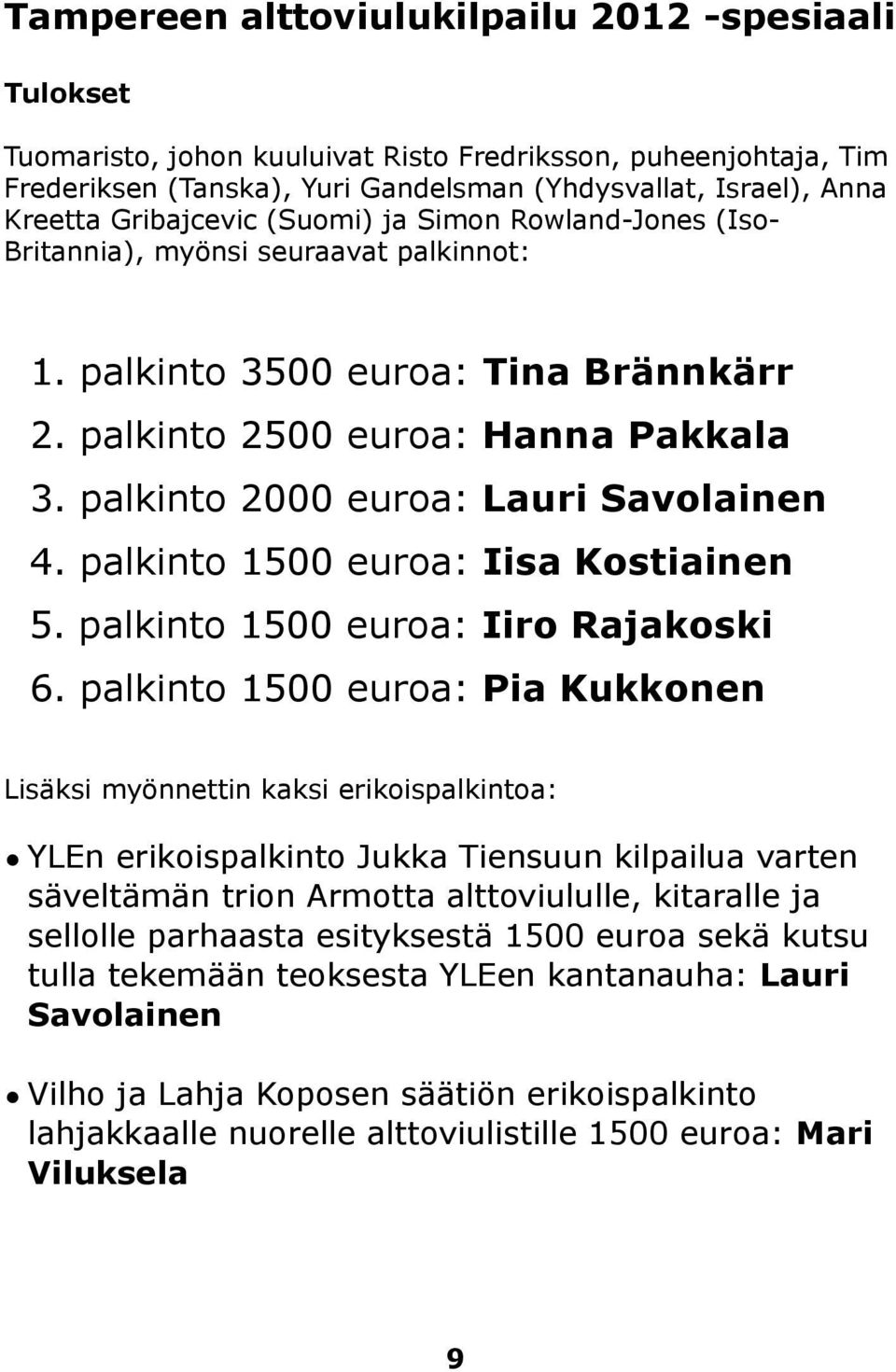 palkinto 2000 euroa: Lauri Savolainen 4. palkinto 1500 euroa: Iisa Kostiainen 5. palkinto 1500 euroa: Iiro Rajakoski 6.