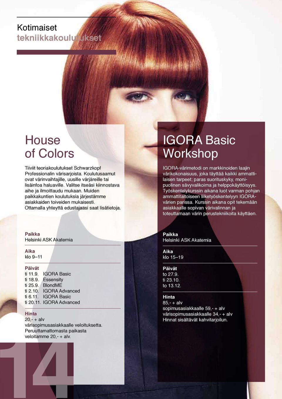 IGORA Basic Workshop IGORA-värimetodi on markkinoiden laajin värikokonaisuus, joka täyttää kaikki ammattilaisen tarpeet; paras suorituskyky, monipuolinen sävyvalikoima ja helppokäyttöisyys.