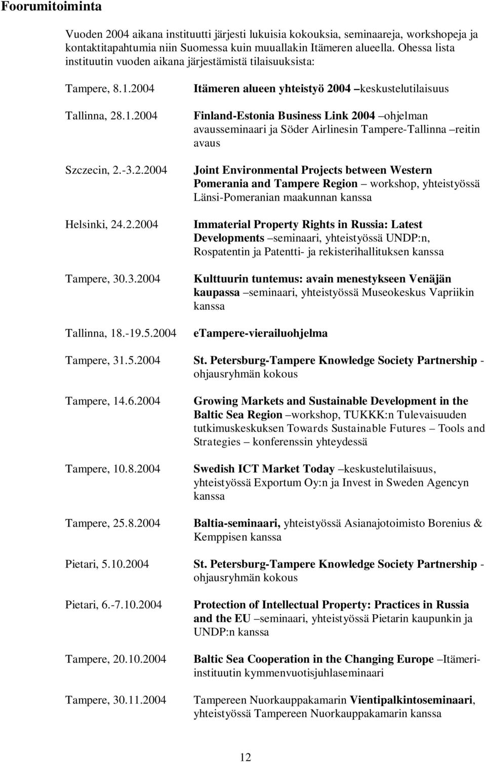 2004 Itämeren alueen yhteistyö 2004 keskustelutilaisuus Finland-Estonia Business Link 2004 ohjelman avausseminaari ja Söder Airlinesin Tampere-Tallinna reitin avaus Joint Environmental Projects