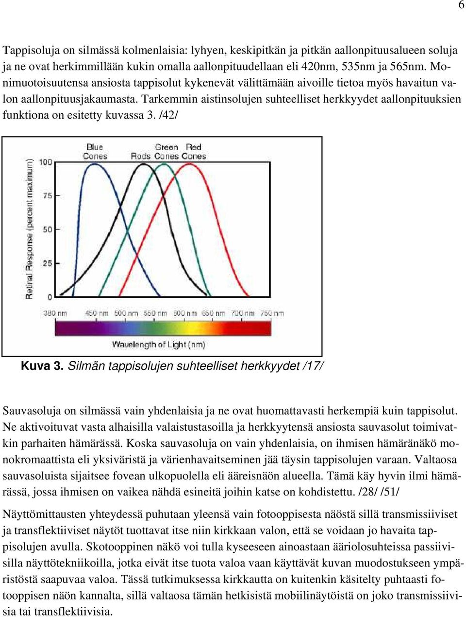 Tarkemmin aistinsolujen suhteelliset herkkyydet aallonpituuksien funktiona on esitetty kuvassa 3. /4/ Kuva 3.