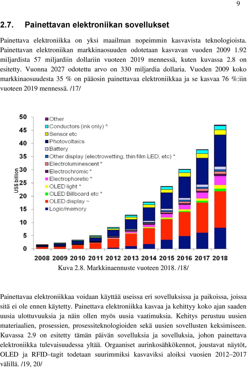 Vuoden 2009 koko markkinaosuudesta 35 % on pääosin painettavaa elektroniikkaa ja se kasvaa 76 %:iin vuoteen 2019 mennessä. /17/ Kuva 2.8. Markkinaennuste vuoteen 2018.