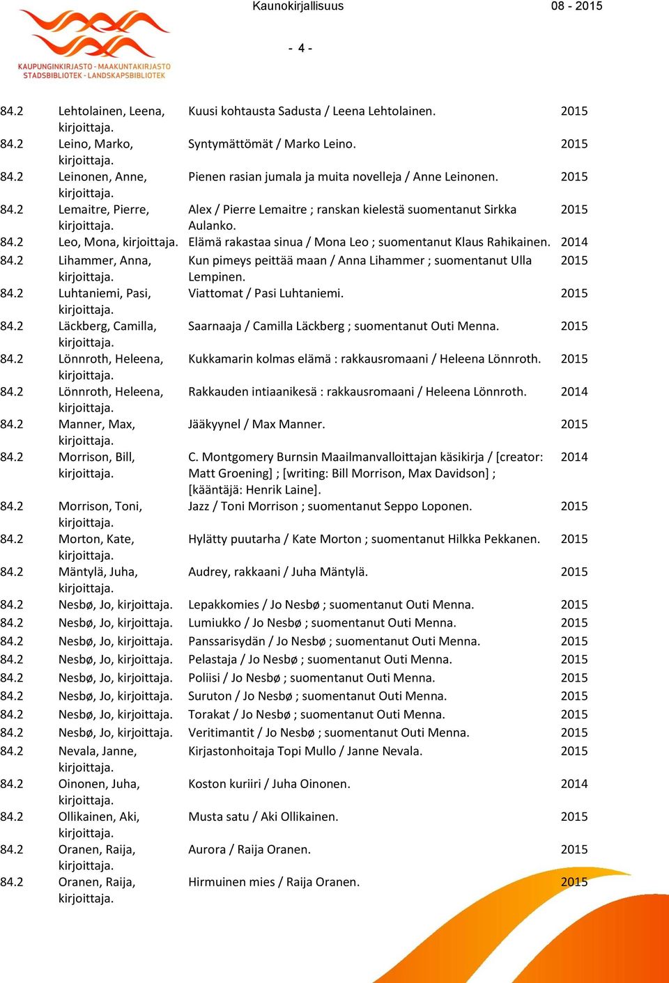 2 Lihammer, Anna, Kun pimeys peittää maan / Anna Lihammer ; suomentanut Ulla Lempinen. 84.2 Luhtaniemi, Pasi, Viattomat / Pasi Luhtaniemi. 84.2 Läckberg, Camilla, Saarnaaja / Camilla Läckberg ; suomentanut Outi Menna.