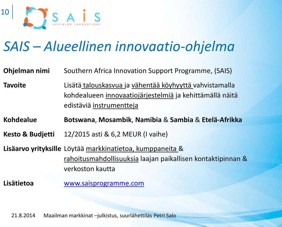 instrumentteja Botswana, Mosambik, Namibia & Sambia & Etelä-Afrikka 12/2015 asti & 6,2 MEUR (I vaihe) Lisäarvo yrityksille Löytää