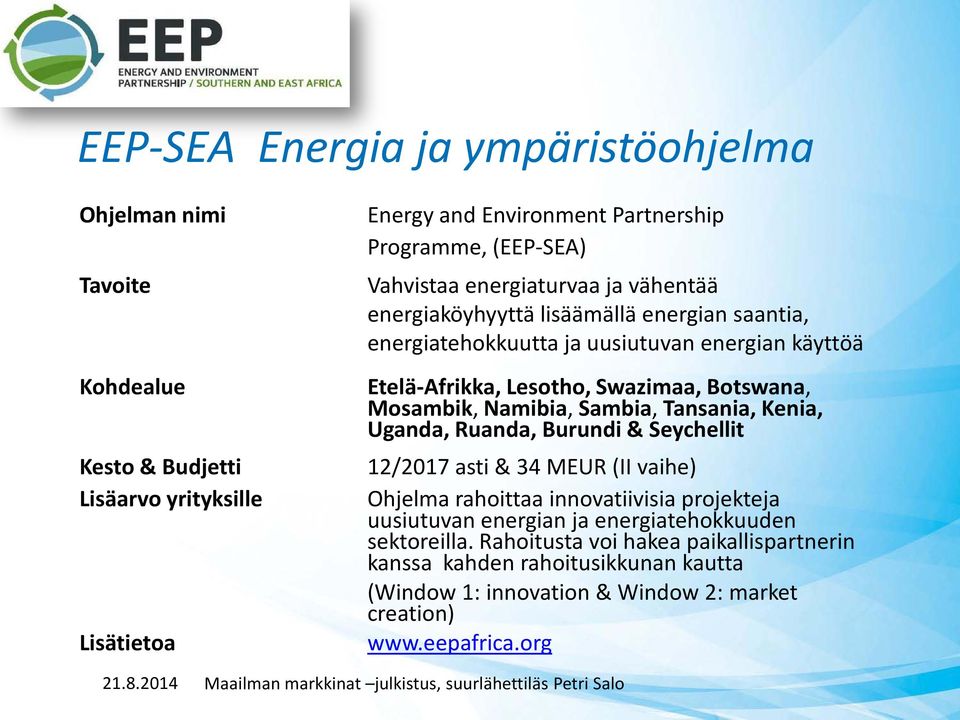 Mosambik, Namibia, Sambia, Tansania, Kenia, Uganda, Ruanda, Burundi & Seychellit 12/2017 asti & 34 MEUR (II vaihe) Ohjelma rahoittaa innovatiivisia projekteja uusiutuvan