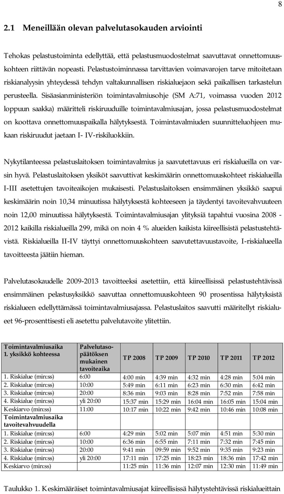 Sisäasianministeriön toimintavalmiusohje (SM A:71, voimassa vuoden 2012 loppuun saakka) määritteli riskiruuduille toimintavalmiusajan, jossa pelastusmuodostelmat on koottava onnettomuuspaikalla