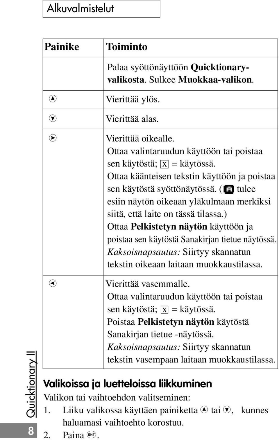 ( tulee esiin näytön oikeaan yläkulmaan merkiksi siitä, että laite on tässä tilassa.) Ottaa Pelkistetyn näytön käyttöön ja poistaa sen käytöstä Sanakirjan tietue näytössä.