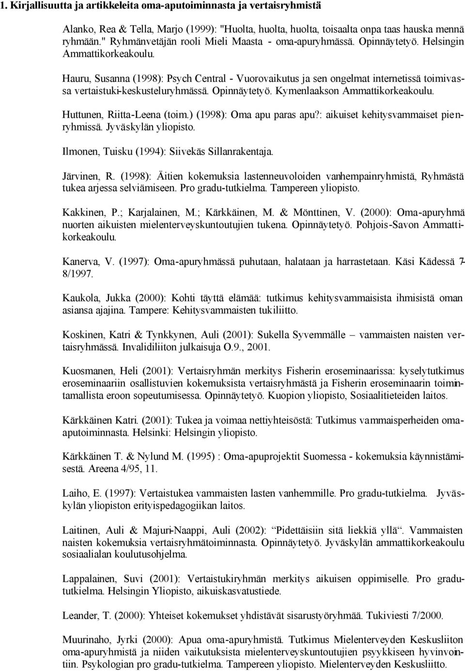 Hauru, Susanna (1998): Psych Central - Vuorovaikutus ja sen ongelmat internetissä toimivassa vertaistuki-keskusteluryhmässä. Opinnäytetyö. Kymenlaakson Ammattikorkeakoulu.