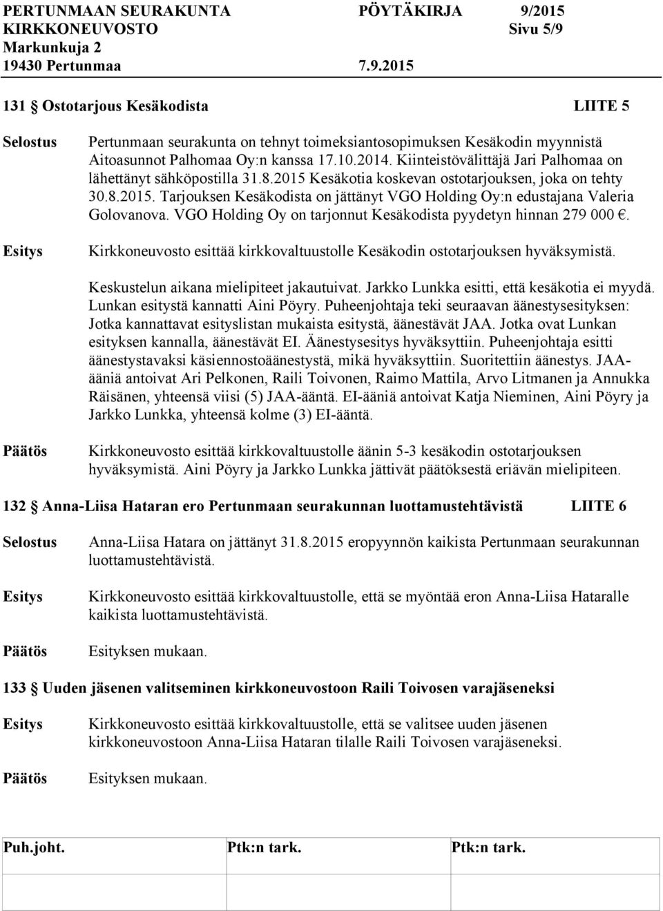 VGO Holding Oy on tarjonnut Kesäkodista pyydetyn hinnan 279 000. Kirkkoneuvosto esittää kirkkovaltuustolle Kesäkodin ostotarjouksen hyväksymistä. Keskustelun aikana mielipiteet jakautuivat.