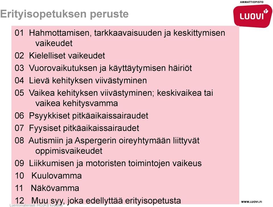 Psyykkiset pitkäaikaissairaudet 07 Fyysiset pitkäaikaissairaudet 08 Autismiin ja Aspergerin oireyhtymään liittyvät oppimisvaikeudet 09