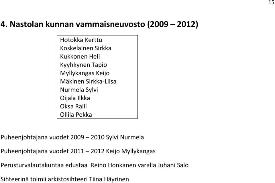 Pekka Puheenjohtajana vuodet 2009 2010 Sylvi Nurmela Puheenjohtajana vuodet 2011 2012 Keijo Myllykangas