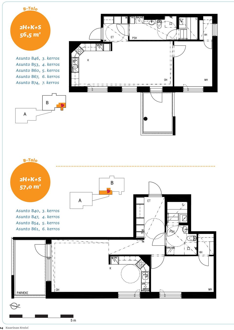 kerros B-Talo 2H+K+S 57,0 m 2 Asunto B40, 3. kerros Asunto B47, 4.