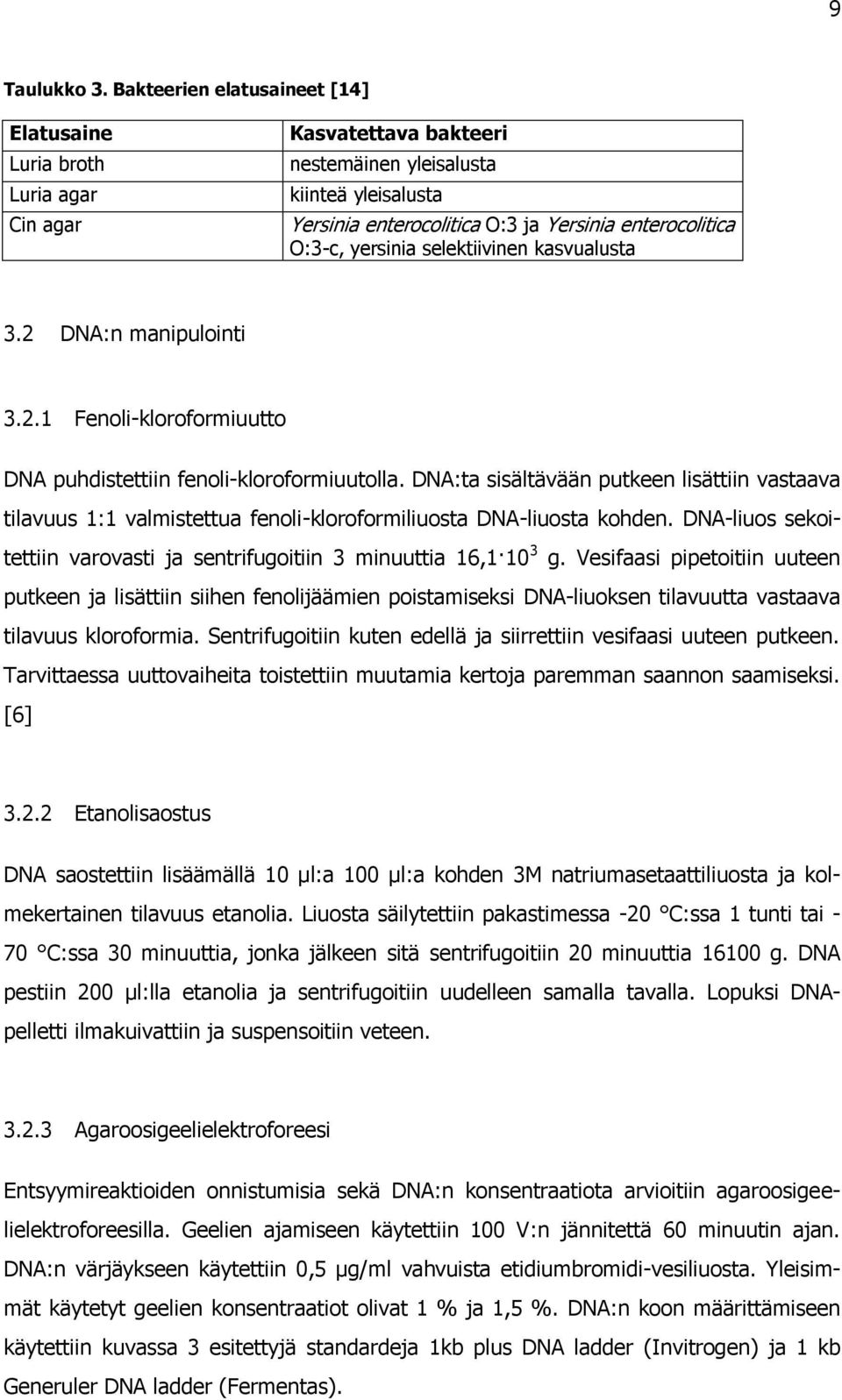 yersinia selektiivinen kasvualusta 3.2 DNA:n manipulointi 3.2.1 Fenoli-kloroformiuutto DNA puhdistettiin fenoli-kloroformiuutolla.