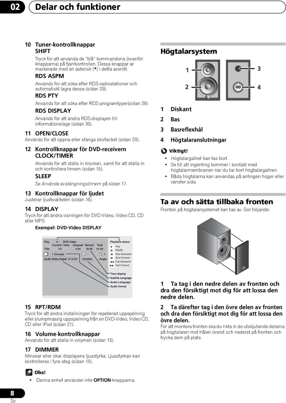 RDS DISPLAY Används för att ändra RDS-displayen till informationsläge (sidan 30). 11 OPEN/CLOSE Används för att öppna eller stänga skivfacket (sidan 20).