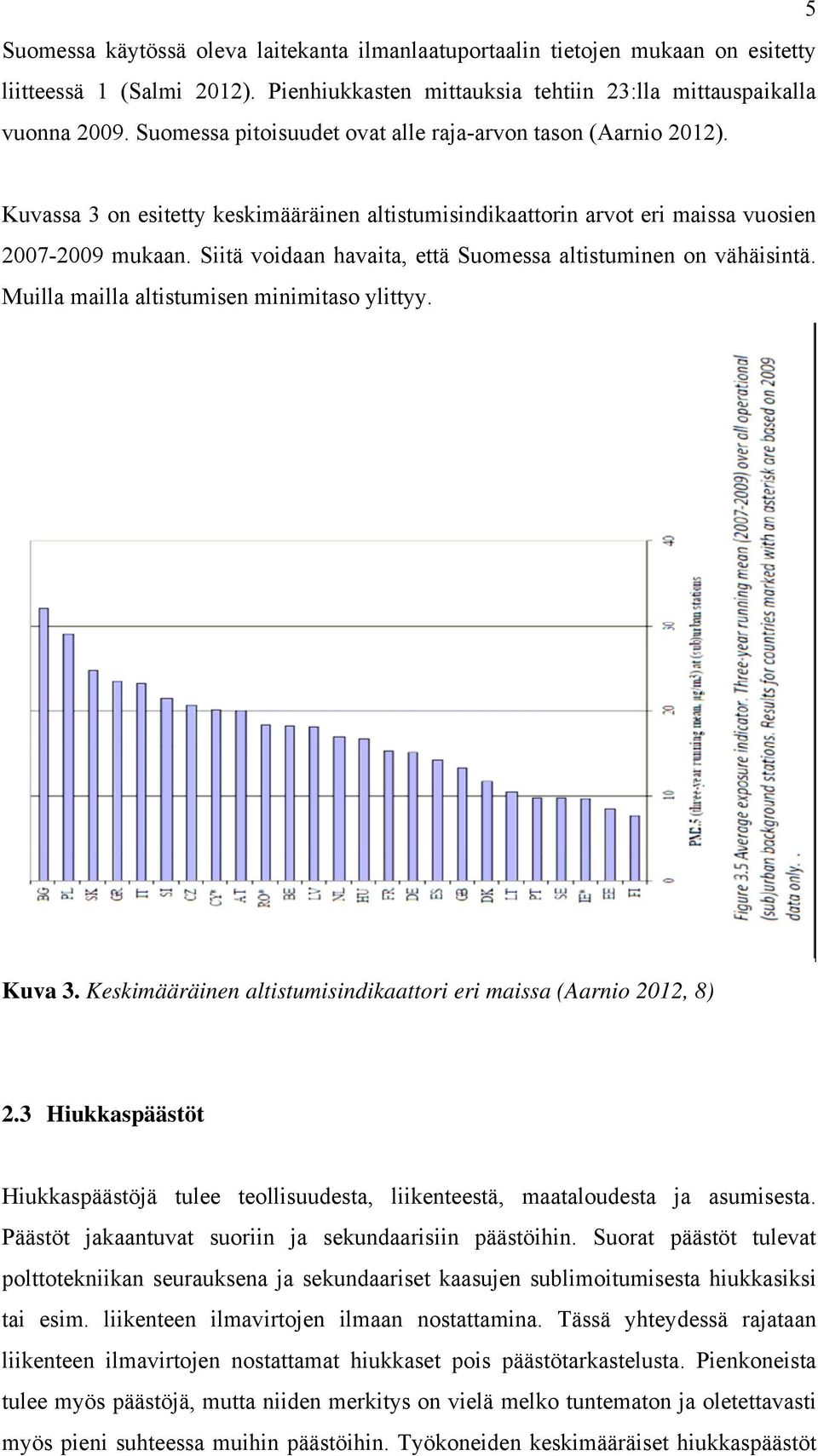 Siitä voidaan havaita, että Suomessa altistuminen on vähäisintä. Muilla mailla altistumisen minimitaso ylittyy. Kuva 3. Keskimääräinen altistumisindikaattori eri maissa (Aarnio 2012, 8) 2.