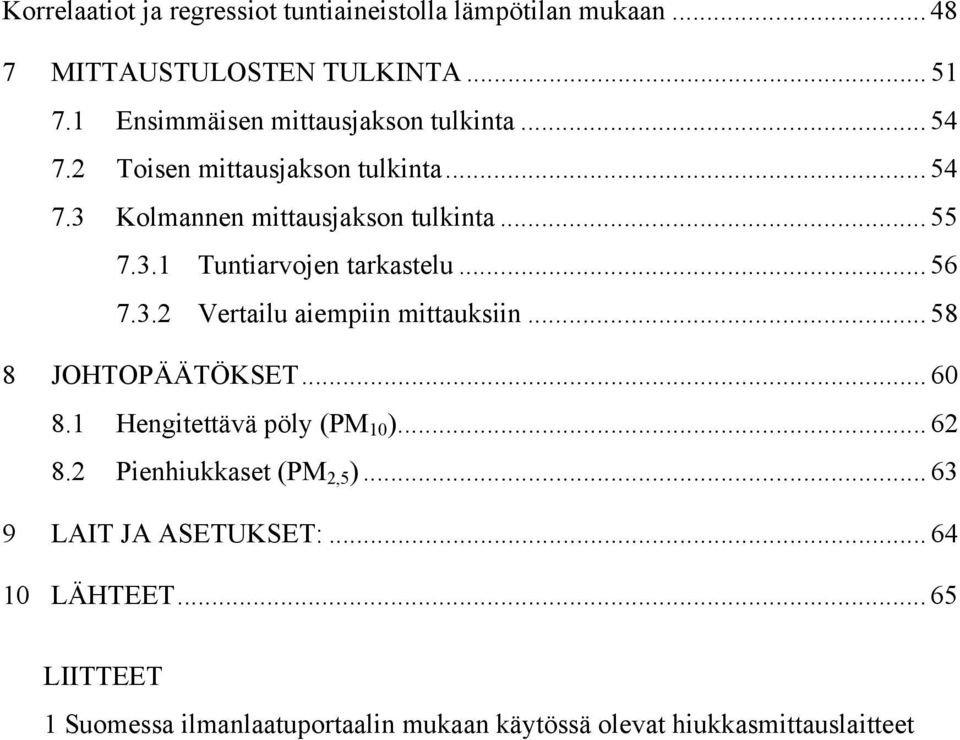 .. 56 7.3.2 Vertailu aiempiin mittauksiin... 58 8 JOHTOPÄÄTÖKSET... 60 8.1 Hengitettävä pöly (PM 10 )... 62 8.