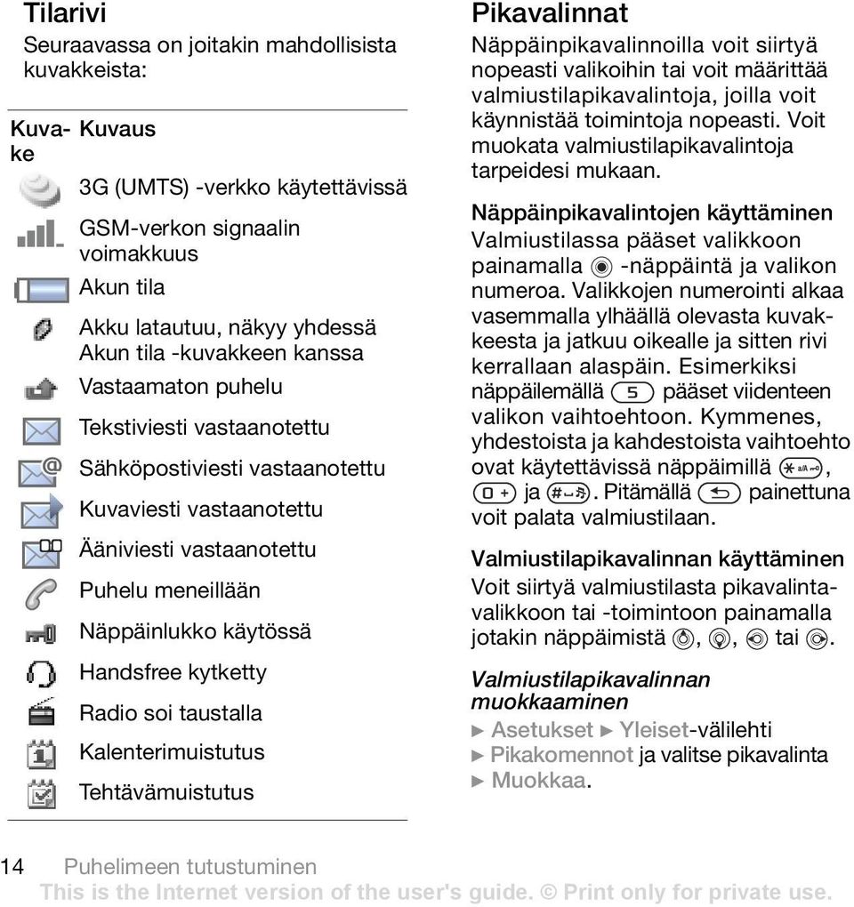 soi taustalla Kalenterimuistutus Tehtävämuistutus Pikavalinnat Näppäinpikavalinnoilla voit siirtyä nopeasti valikoihin tai voit määrittää valmiustilapikavalintoja, joilla voit käynnistää toimintoja