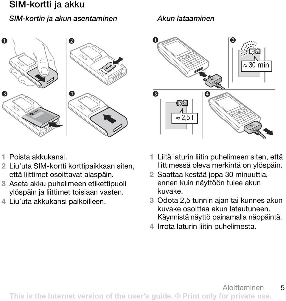 3 Aseta akku puhelimeen etikettipuoli ylöspäin ja liittimet toisiaan vasten. 4 Liu uta akkukansi paikoilleen.